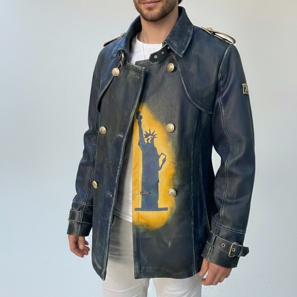 Custom Hand-Painted Leather Jacket – Statue of Liberty Art, Men’s Designer State